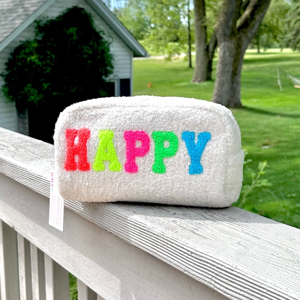 🦋GRWM Happy Sherpa Makeup Bag Colorful Letters Cute Fluffy Cosmetic Pouch Travel